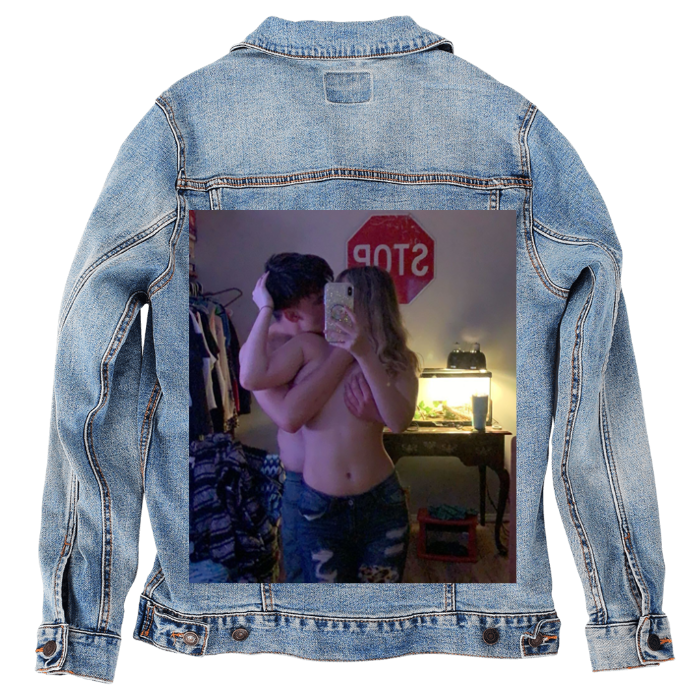 Customer Designed Custom Denim Jacket (hand-crafted) with 3 color choices of jacket: Stonewash, White, or Black. Unisex XS S M L XL 2X 3X. USA hand-crafted and USA digitally printed. Ships free within the USA & also ships Internationally.