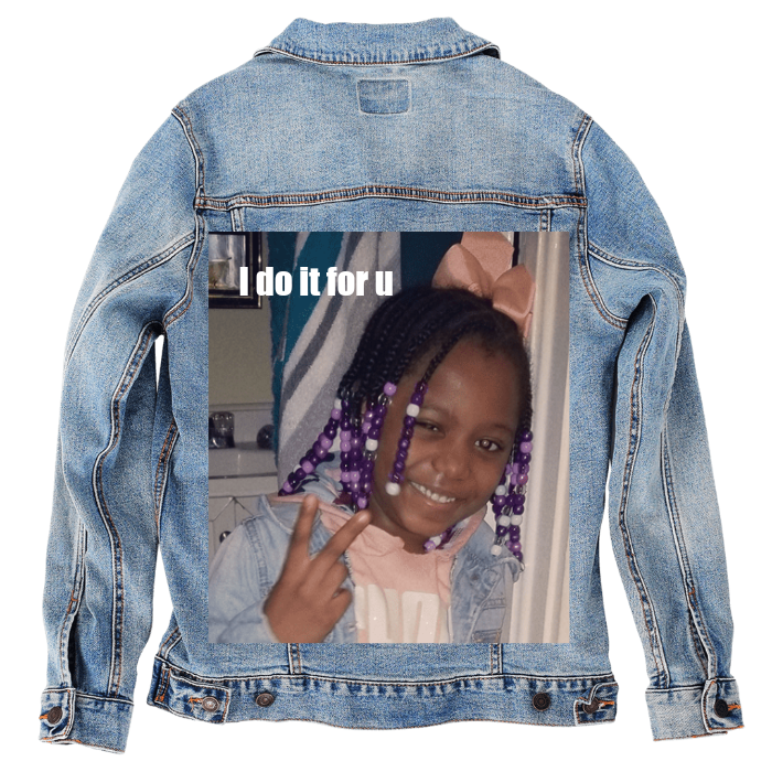 Customer Designed Custom Denim Jacket (hand-crafted) with 3 color choices of jacket: Stonewash, White, or Black. Unisex XS S M L XL 2X 3X. USA hand-crafted and USA digitally printed. Ships free within the USA & also ships Internationally.