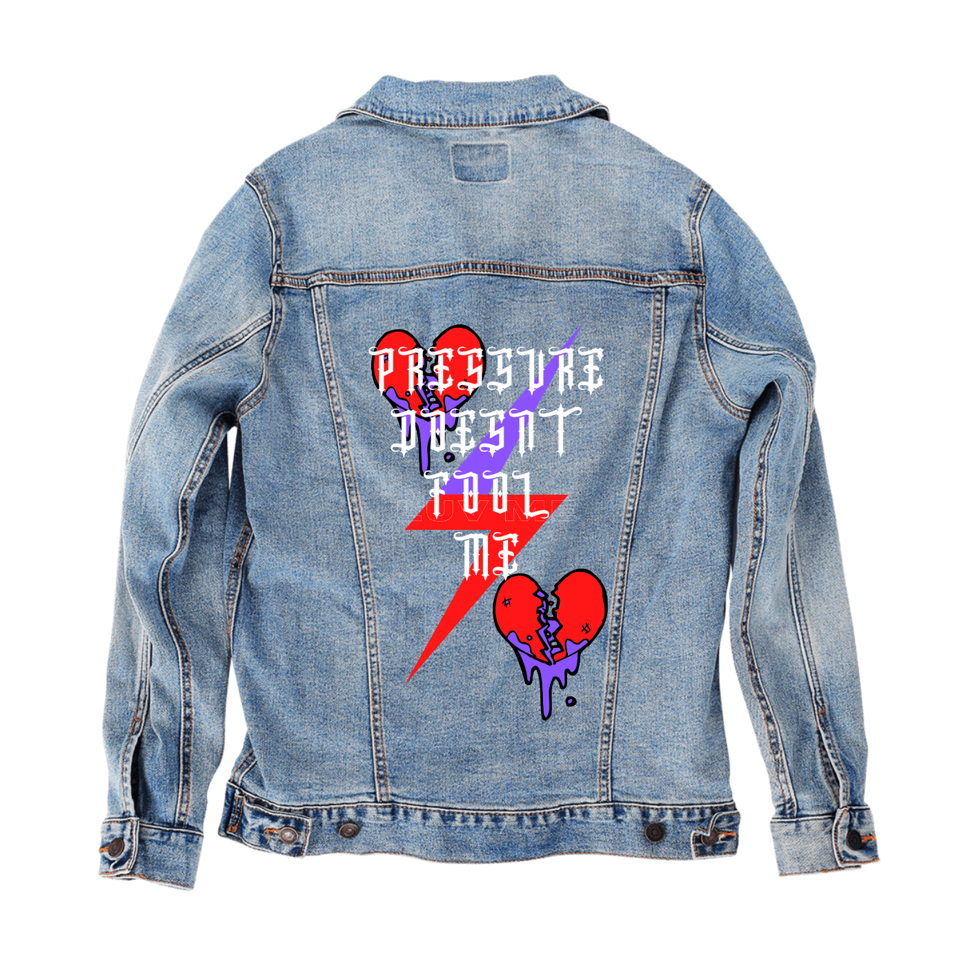 Customer Designed Custom Denim Jacket (hand-crafted) with 3 color choices of jacket: Stonewash, White, or Black. Unisex XS S M L XL 2X 3X. USA hand-crafted and USA digitally printed. Ships free within the USA & also ships Internationally.