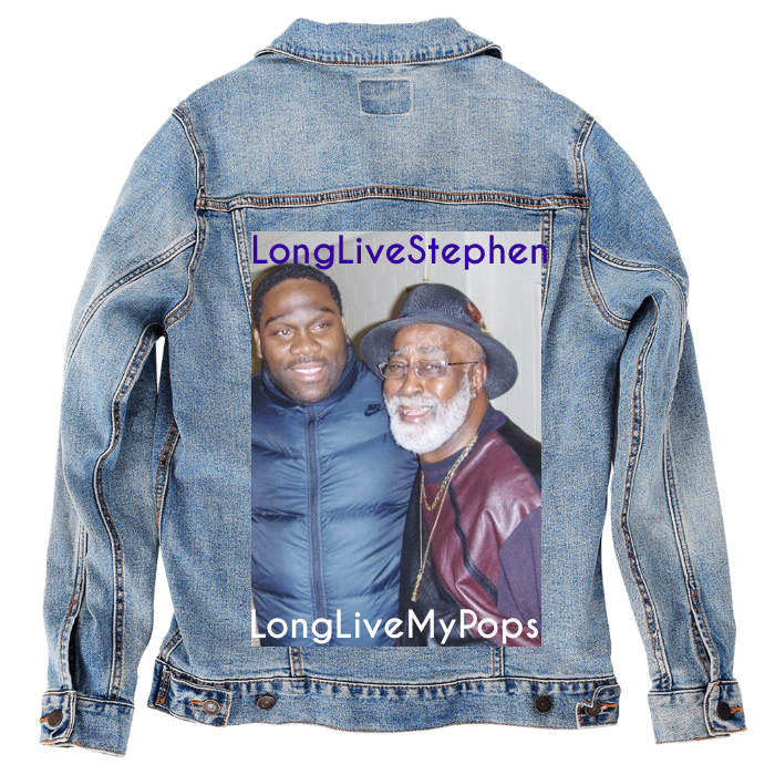 Customer Designed Custom Denim Jacket (hand-crafted) with 3 color choices of jacket: Stonewash, White, or Black. Unisex XS S M L XL 2X 3X. USA hand-crafted and USA digitally printed. Ships free within the USA & also ships Internationally.