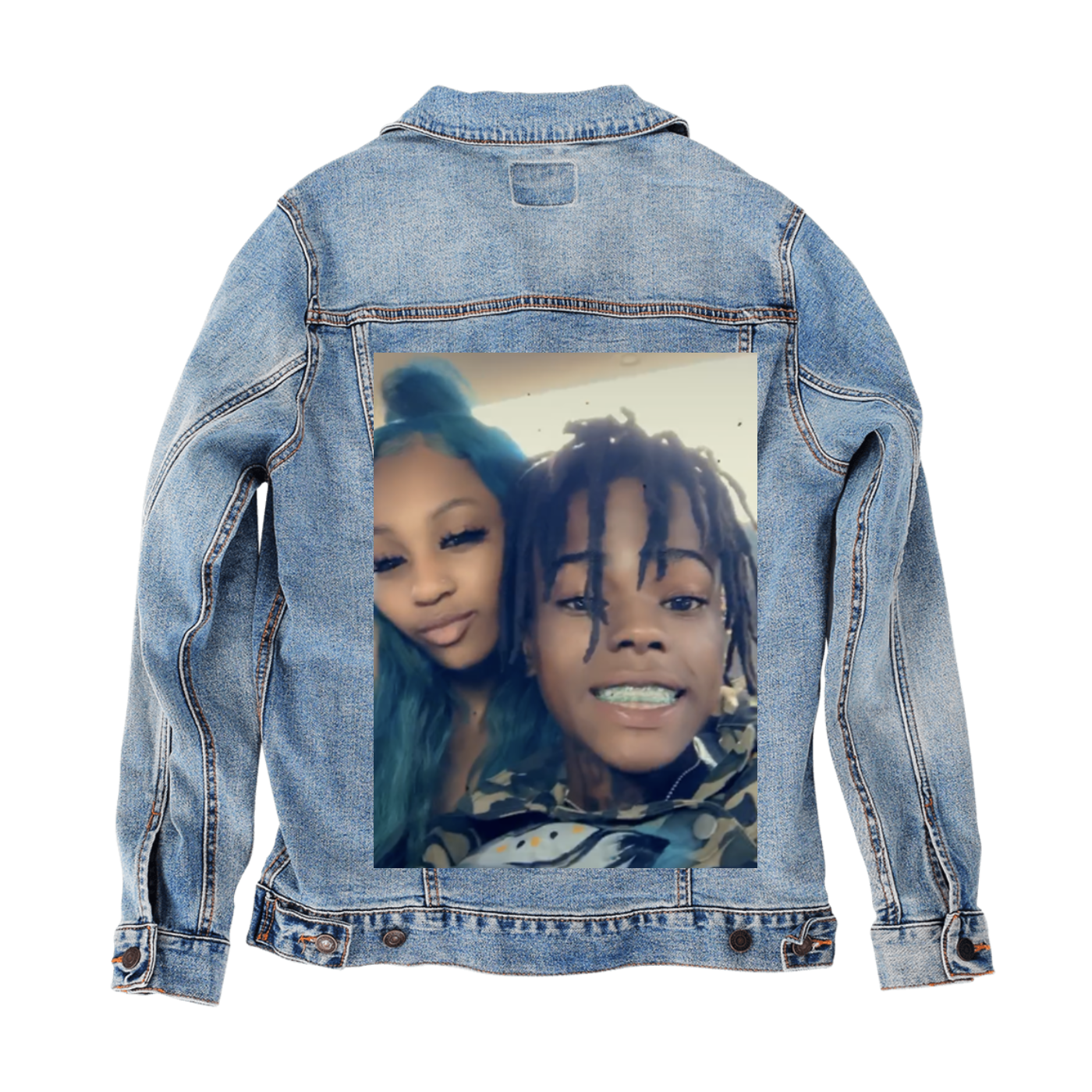 Customer Designed Custom Denim Jacket (hand-crafted) with 3 color choices of jacket: Stonewash, White, or Black. Unisex XS S M L XL 2X 3X. USA hand-crafted and USA digitally printed. Ships free within the USA & also ships Internationally.
