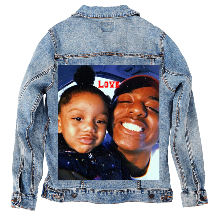 Customer Designed Custom Denim Jacket (hand-crafted) with 3 color choices of jacket: Stonewash, White, or Black. Unisex XS S M L XL 2X 3X. USA hand-crafted and USA digitally printed. Ships free within the USA & also ships Internationally.