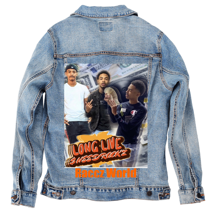 Customer Designed Custom Denim Jacket (hand-crafted) with 3 color choices of jacket: Stonewash, White, or Black. Unisex XS S M L XL 2X 3X. USA hand-crafted and USA digitally printed. Ships free within the USA & also ships Internationally.