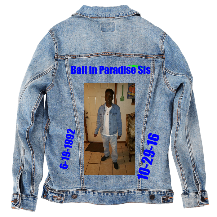 Customer Designed Custom Denim Jacket (hand-crafted) with 3 color choices of jacket: Stonewash, White, or Black. Unisex XS S M L XL 2X 3X. USA hand-crafted and USA digitally printed. Ships free within the USA & also ships Internationally.