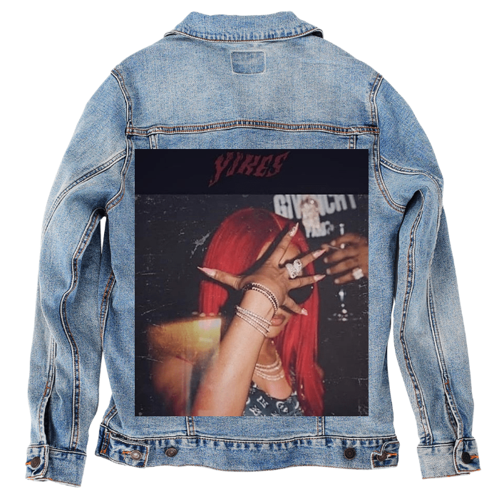 Customer Designed Custom Denim Jacket (hand-crafted) with 3 color choices of jacket: Stonewash, White, or Black. Unisex XS S M L XL 2X 3X. USA hand-crafted and USA digitally printed. Ships free within the USA & also ships Internationally.