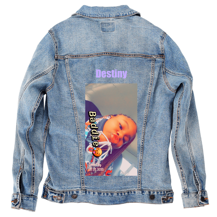 Customer Designed Custom Denim Jacket (hand-crafted) with 3 color choices of jacket: Stonewash, White, or Black. Unisex XS S M L XL 2X 3X. USA hand-crafted and USA digitally printed. Ships free within the USA & also ships Internationally.