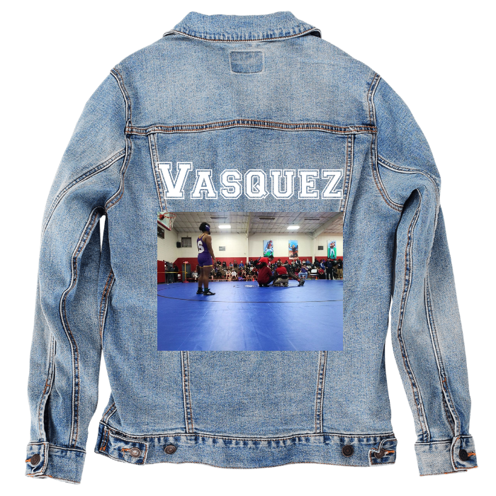 Customer Designed Custom Denim Jacket (hand-crafted) with 3 color choices of jacket: Stonewash, White, or Black. Unisex XS S M L XL 2X 3X. USA hand-crafted and USA digitally printed. Ships free within the USA & also ships Internationally.