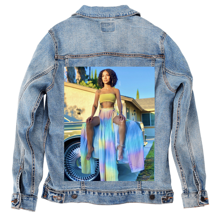 Customer Designed Custom Denim Jacket (hand-crafted) with 3 color choices of jacket: Stonewash, White, or Black. Unisex XS S M L XL 2X 3X. USA hand-crafted and USA digitally printed. Ships free within the USA & also ships Internationally.