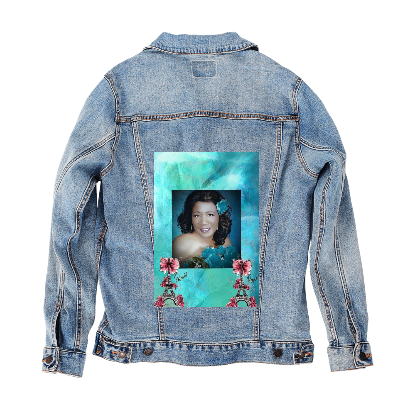 Customer Designed Custom Denim Jacket (hand-crafted) with 3 color choices of jacket: Stonewash, White, or Black. Unisex XS S M L XL 2X 3X. USA hand-crafted and USA digitally printed. Ships free within the USA & also ships Internationally.