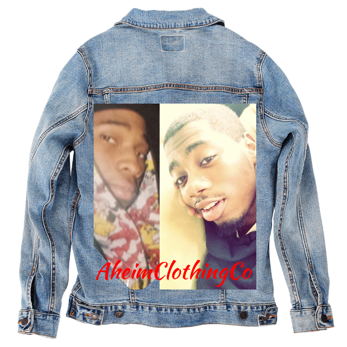 Customer Designed Custom Denim Jacket (hand-crafted) with 3 color choices of jacket: Stonewash, White, or Black. Unisex XS S M L XL 2X 3X. USA hand-crafted and USA digitally printed. Ships free within the USA & also ships Internationally.