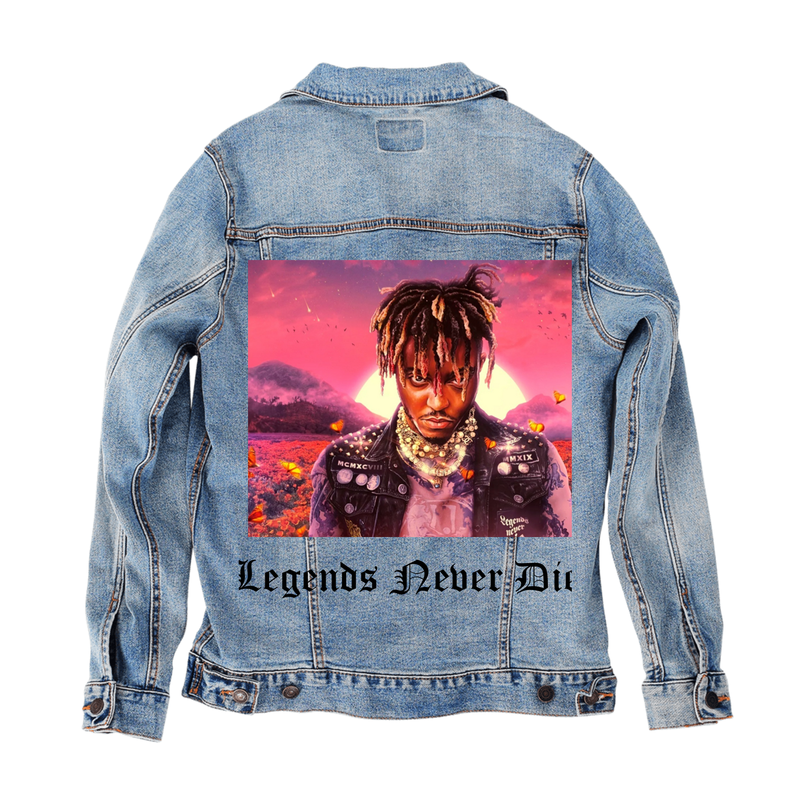 Customer Designed Custom Denim Jacket (hand-crafted) with 3 color choices of jacket: Stonewash, White, or Black. Unisex XS S M L XL 2X 3X. USA hand-crafted and USA digitally printed. Ships free within the USA & also ships Internationally.