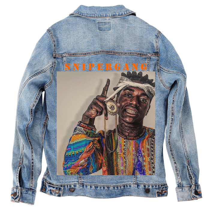 Customer Designed Custom Denim Jacket (hand-crafted) with 3 color choices of jacket: Stonewash, White, or Black. Unisex XS S M L XL 2X 3X. USA hand-crafted and USA digitally printed. Ships free within the USA & also ships Internationally.