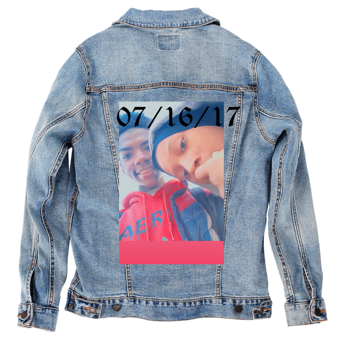 Customer Designed Custom Denim Jacket (hand-crafted) with 3 color choices of jacket: Stonewash, White, or Black. Unisex XS S M L XL 2X 3X. USA hand-crafted and USA digitally printed. Ships free within the USA & also ships Internationally.