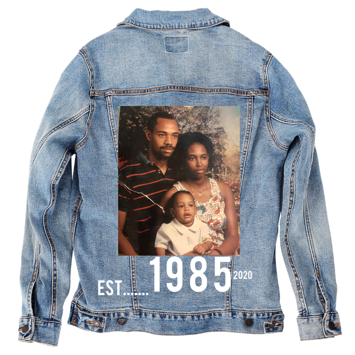 Customer Designed Custom Denim Jacket (hand-crafted) with 3 color choices of jacket: Stonewash, White, or Black. Unisex XS S M L XL 2X 3X. USA hand-crafted and USA digitally printed. Ships free within the USA & also ships Internationally.
