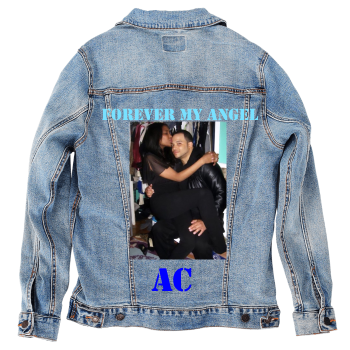 Customer Designed Custom Denim Jacket (hand-crafted) with 3 color choices of jacket: Stonewash, White, or Black. Unisex XS S M L XL 2X 3X. USA hand-crafted and USA digitally printed. Ships free within the USA & also ships Internationally.