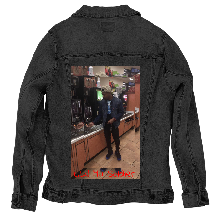 Customer Designed Custom Denim Jacket (hand-crafted) with 3 color choices of jacket: Stonewash, White, or Black. Unisex XS S M L XL 2X 3X. USA hand-crafted and USA digitally printed. Ships free within the USA & also ships Internationally.
