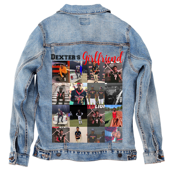 Customer Designed Custom Denim Jacket (hand-crafted) with 3 color choices of jacket: Stonewash, White, or Black. Unisex XS S M L XL 2X 3X. USA hand-crafted and USA digitally printed. Ships free within the USA & also ships Internationally.