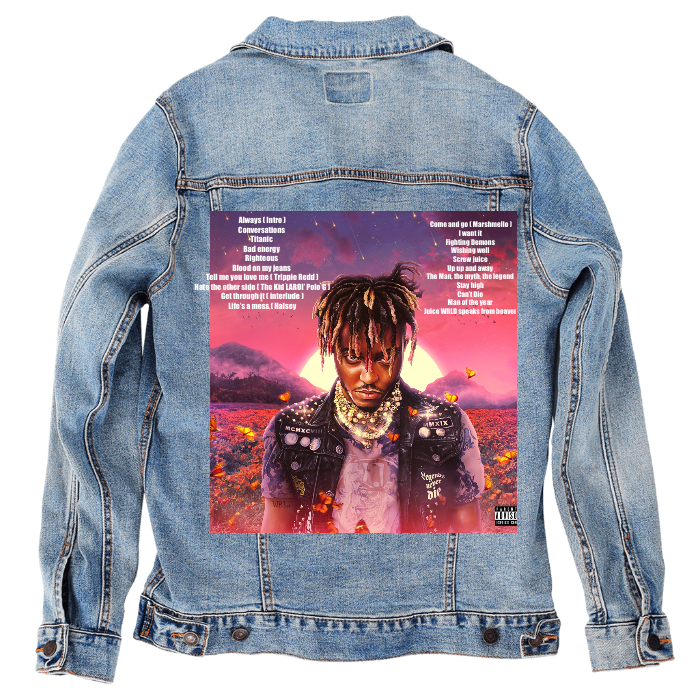 Customer Designed Custom Denim Jacket (hand-crafted) with 3 color choices of jacket: Stonewash, White, or Black. Unisex XS S M L XL 2X 3X. USA hand-crafted and USA digitally printed. Ships free within the USA & also ships Internationally.