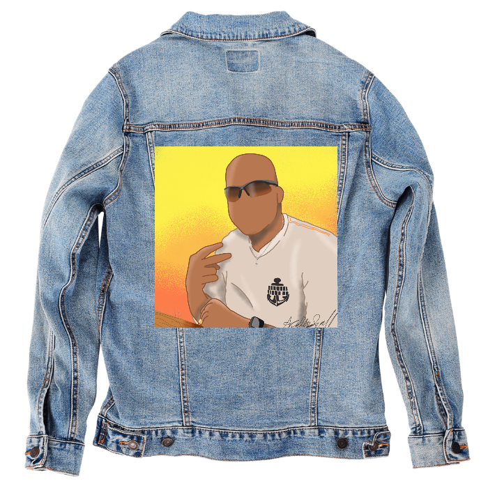 Customer Designed Custom Denim Jacket (hand-crafted) with 3 color choices of jacket: Stonewash, White, or Black. Unisex XS S M L XL 2X 3X. USA hand-crafted and USA digitally printed. Ships free within the USA & also ships Internationally.