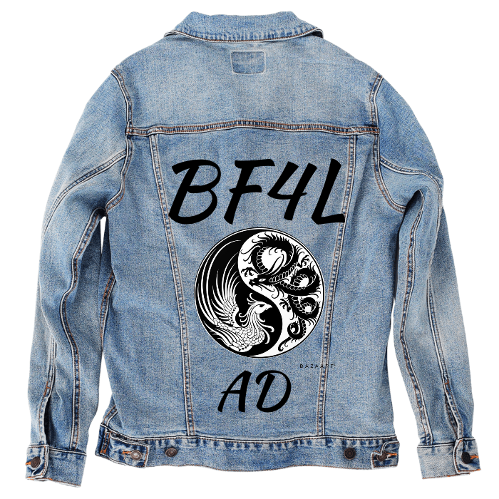 Customer Designed Custom Denim Jacket (hand-crafted) with 3 color choices of jacket: Stonewash, White, or Black. Unisex XS S M L XL 2X 3X. USA hand-crafted and USA digitally printed. Ships free within the USA & also ships Internationally.
