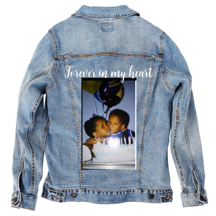 Customer Designed Custom Denim Jacket (hand-crafted) with 3 color choices of jacket: Stonewash, White, or Black. Unisex XS S M L XL 2X 3X. USA hand-crafted and USA digitally printed. Ships free within the USA & also ships Internationally.