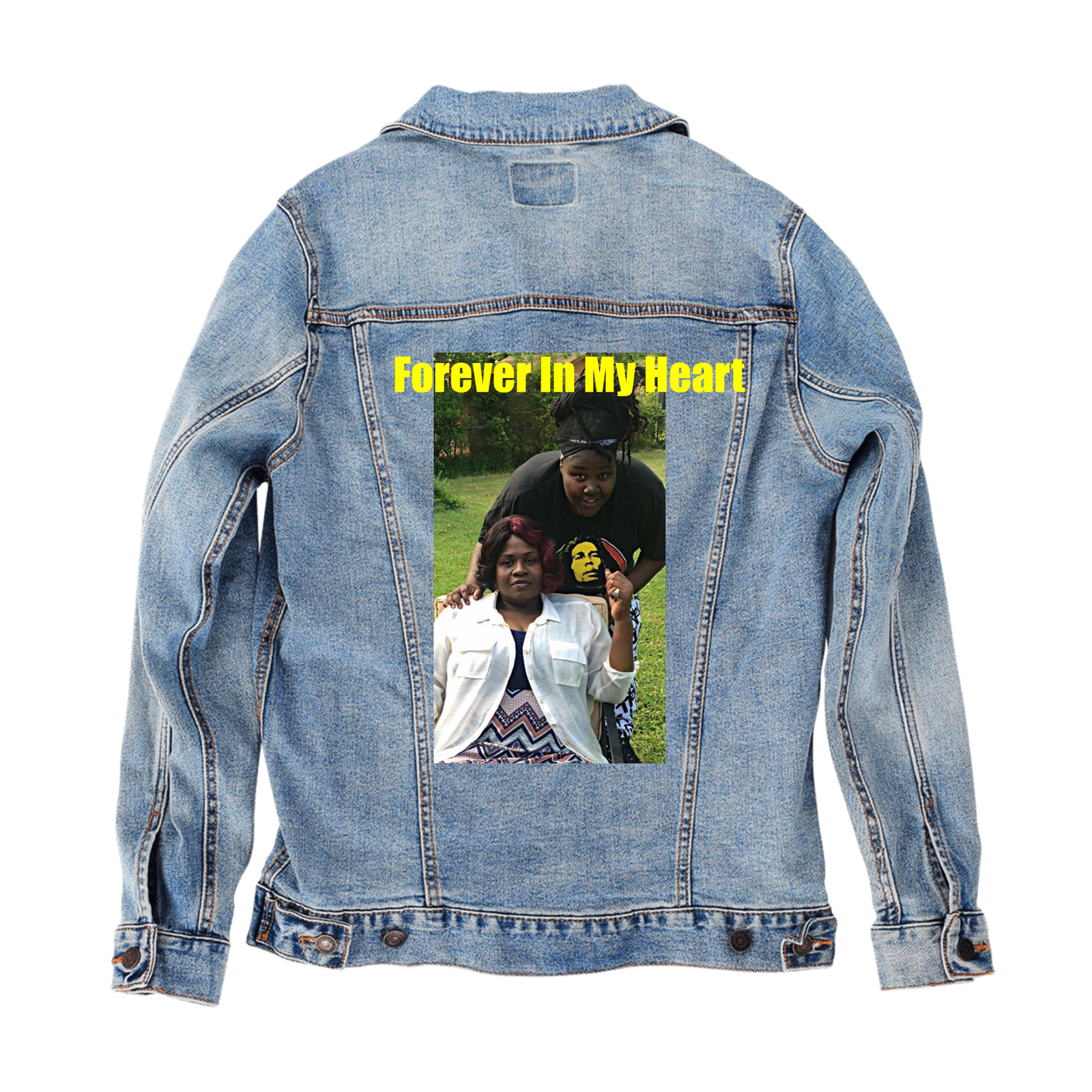 Customer Designed Custom Denim Jacket (hand-crafted) with 3 color choices of jacket: Stonewash, White, or Black. Unisex XS S M L XL 2X 3X. USA hand-crafted and USA digitally printed. Ships free within the USA & also ships Internationally.