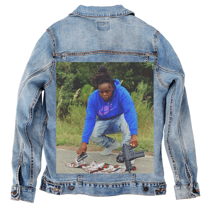 Customer Designed Custom Denim Jacket (hand-crafted) with 3 color choices of jacket: Stonewash, White, or Black. Unisex XS S M L XL 2X 3X. USA hand-crafted and USA digitally printed. Ships free within the USA & also ships Internationally.