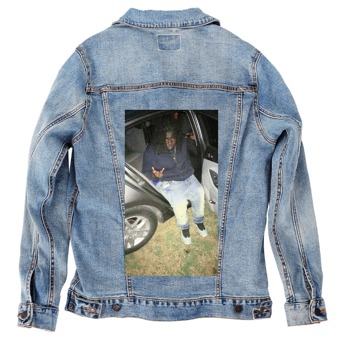 Customer Designed Custom Denim Jacket (hand-crafted) with 3 color choices of jacket: Stonewash, White, or Black. Unisex XS S M L XL 2X 3X. USA hand-crafted and USA digitally printed. Ships free within the USA & also ships Internationally.