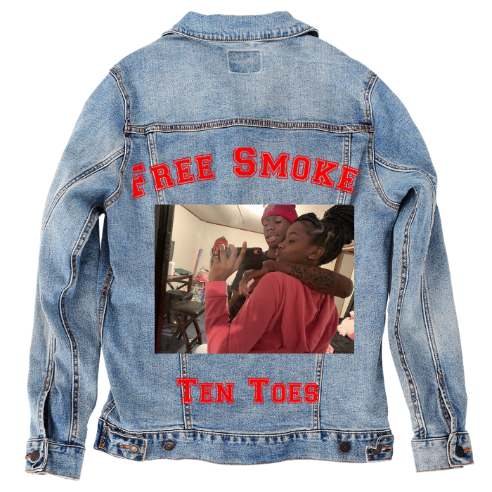 Customer Designed Custom Denim Jacket (hand-crafted) with 3 color choices of jacket: Stonewash, White, or Black. Unisex XS S M L XL 2X 3X. USA hand-crafted and USA digitally printed. Ships free within the USA & also ships Internationally.