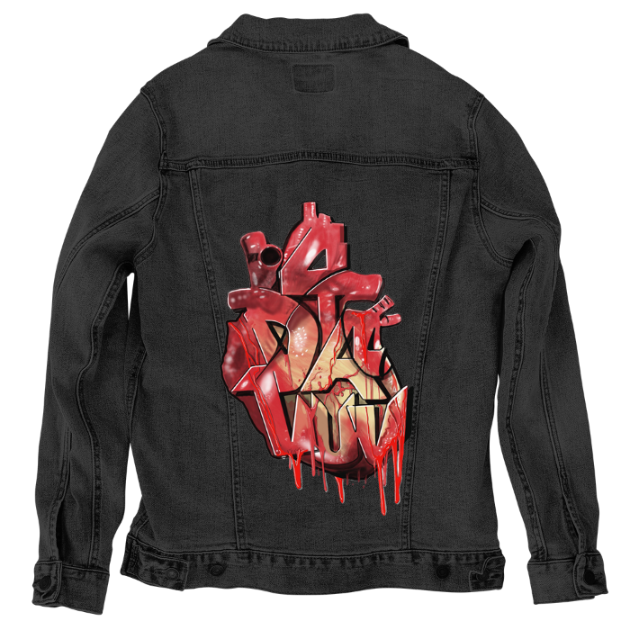 Customer Designed Custom Denim Jacket (hand-crafted) with 3 color choices of jacket: Stonewash, White, or Black. Unisex XS S M L XL 2X 3X. USA hand-crafted and USA digitally printed. Ships free within the USA & also ships Internationally.