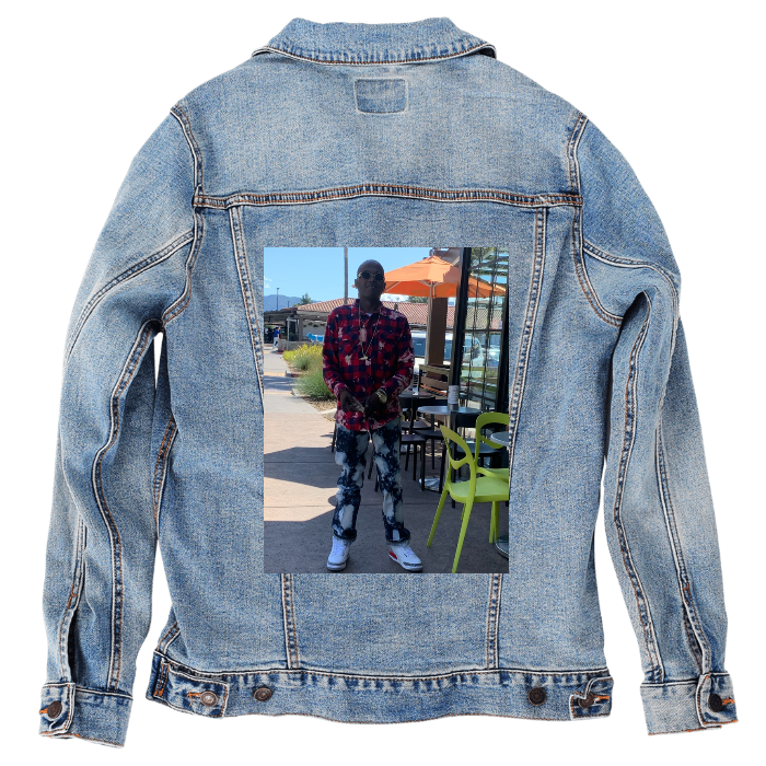 Customer Designed Custom Denim Jacket (hand-crafted) with 3 color choices of jacket: Stonewash, White, or Black. Unisex XS S M L XL 2X 3X. USA hand-crafted and USA digitally printed. Ships free within the USA & also ships Internationally.