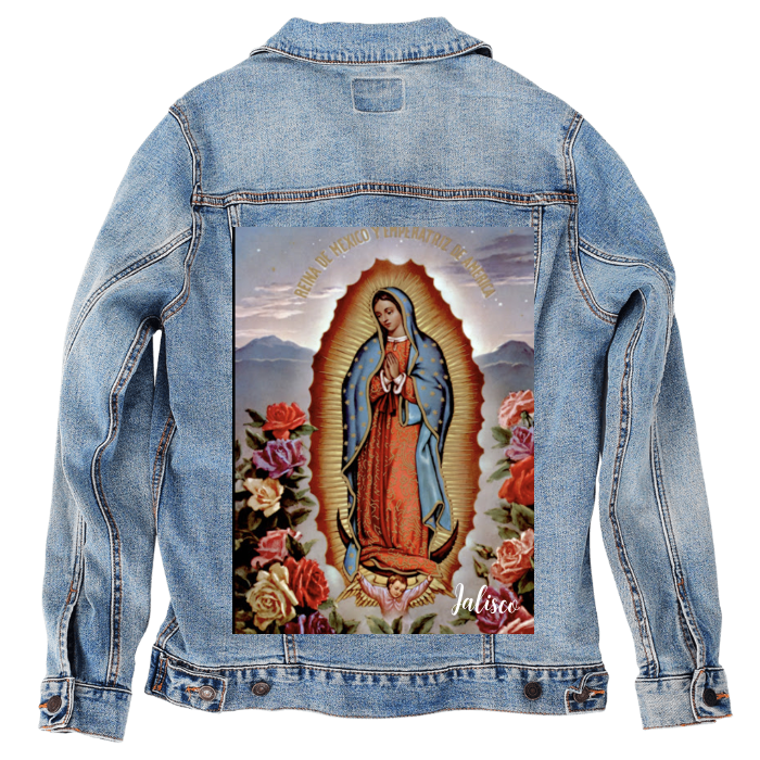 Customer Designed Custom Denim Jacket (hand-crafted) with 3 color choices of jacket: Stonewash, White, or Black. Unisex XS S M L XL 2X 3X. USA hand-crafted and USA digitally printed. Ships free within the USA & also ships Internationally.