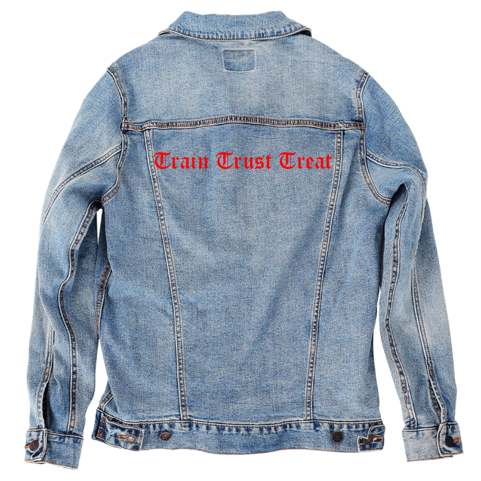 Customer Designed Custom Denim Jacket (hand-crafted) with 3 color choices of jacket: Stonewash, White, or Black. Unisex XS S M L XL 2X 3X. USA hand-crafted and USA digitally printed. Ships free within the USA & also ships Internationally.