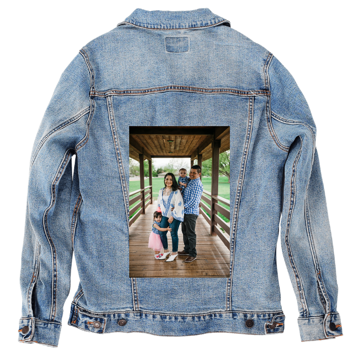Customer Designed Custom Denim Jacket (hand-crafted) with 3 color choices of jacket: Stonewash, White, or Black. Unisex XS S M L XL 2X 3X. USA hand-crafted and USA digitally printed. Ships free within the USA & also ships Internationally.