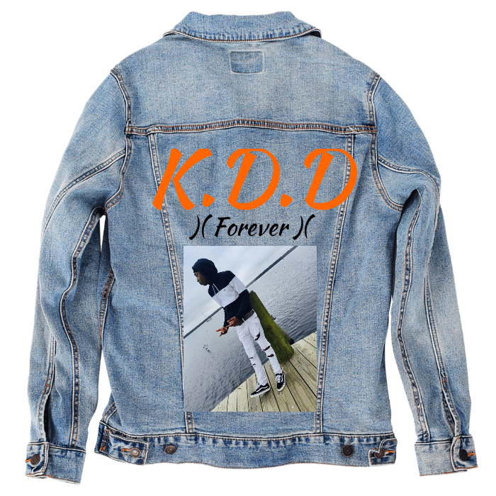 Customer Designed Custom Denim Jacket (hand-crafted) with 3 color choices of jacket: Stonewash, White, or Black. Unisex XS S M L XL 2X 3X. USA hand-crafted and USA digitally printed. Ships free within the USA & also ships Internationally.