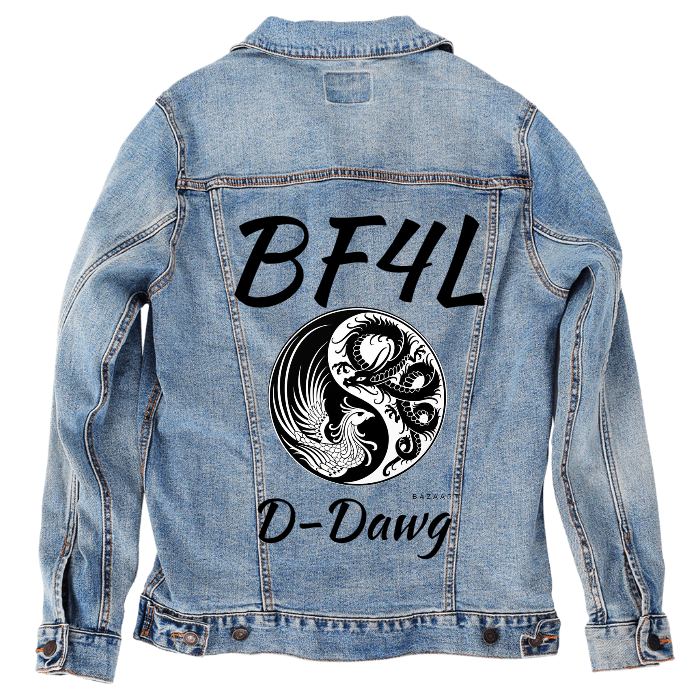 Customer Designed Custom Denim Jacket (hand-crafted) with 3 color choices of jacket: Stonewash, White, or Black. Unisex XS S M L XL 2X 3X. USA hand-crafted and USA digitally printed. Ships free within the USA & also ships Internationally.