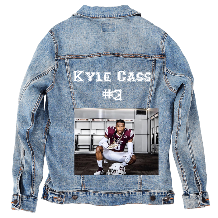 Customer Designed Custom Denim Jacket (hand-crafted) with 3 color choices of jacket: Stonewash, White, or Black. Unisex XS S M L XL 2X 3X. USA hand-crafted and USA digitally printed. Ships free within the USA & also ships Internationally.