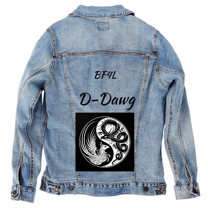 Customer Designed Custom Denim Jacket (hand-crafted) with 3 color choices of jacket: Stonewash, White, or Black. Unisex XS S M L XL 2X 3X. USA hand-crafted and USA digitally printed. Ships free within the USA & also ships Internationally.