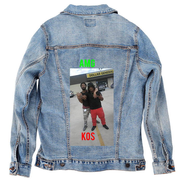 Customer Designed Custom Denim Jacket (hand-crafted) with 3 color choices of jacket: Stonewash, White, or Black. Unisex XS S M L XL 2X 3X. USA hand-crafted and USA digitally printed. Ships free within the USA & also ships Internationally.