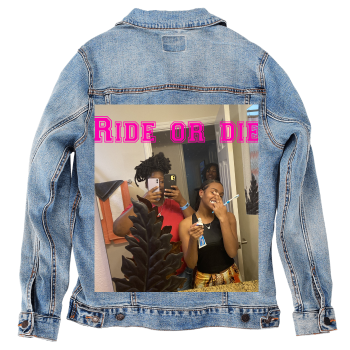 Customer Designed Custom Denim Jacket (hand-crafted) with 3 color choices of jacket: Stonewash, White, or Black. Unisex XS S M L XL 2X 3X. USA hand-crafted and USA digitally printed. Ships free within the USA & also ships Internationally.