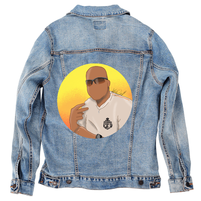 Customer Designed Custom Denim Jacket (hand-crafted) with 3 color choices of jacket: Stonewash, White, or Black. Unisex XS S M L XL 2X 3X. USA hand-crafted and USA digitally printed. Ships free within the USA & also ships Internationally.