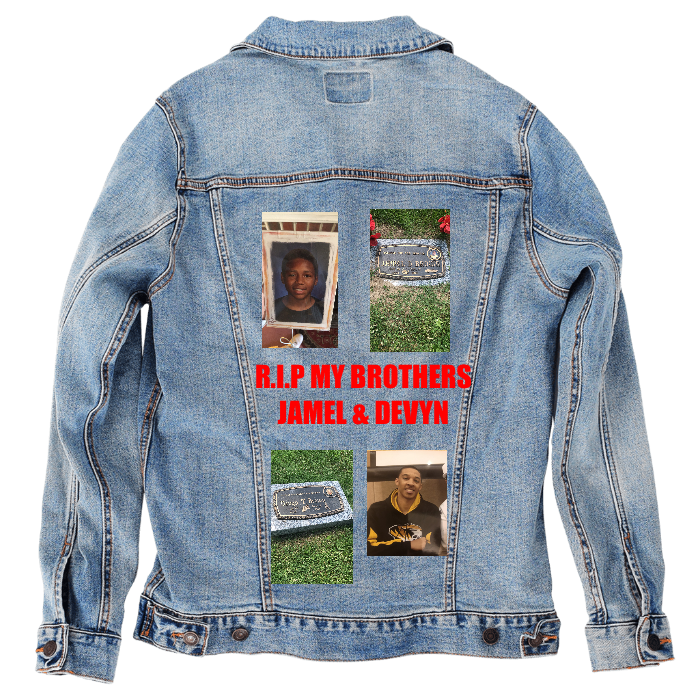 Customer Designed Custom Denim Jacket (hand-crafted) with 3 color choices of jacket: Stonewash, White, or Black. Unisex XS S M L XL 2X 3X. USA hand-crafted and USA digitally printed. Ships free within the USA & also ships Internationally.