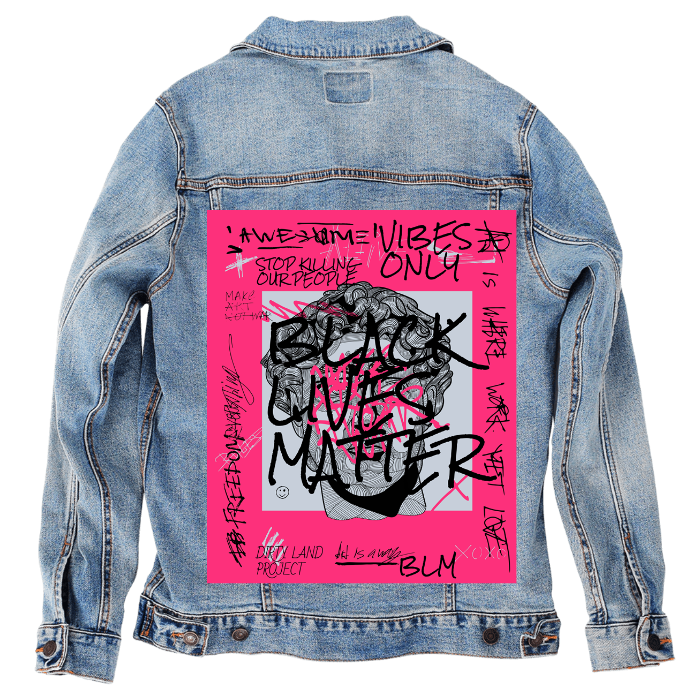 Customer Designed Custom Denim Jacket (hand-crafted) with 3 color choices of jacket: Stonewash, White, or Black. Unisex XS S M L XL 2X 3X. USA hand-crafted and USA digitally printed. Ships free within the USA & also ships Internationally.