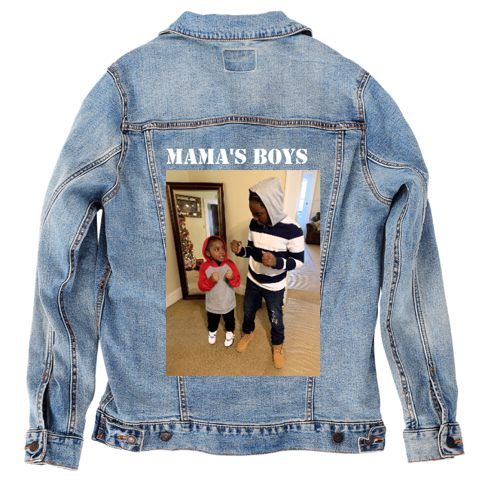 Customer Designed Custom Denim Jacket (hand-crafted) with 3 color choices of jacket: Stonewash, White, or Black. Unisex XS S M L XL 2X 3X. USA hand-crafted and USA digitally printed. Ships free within the USA & also ships Internationally.