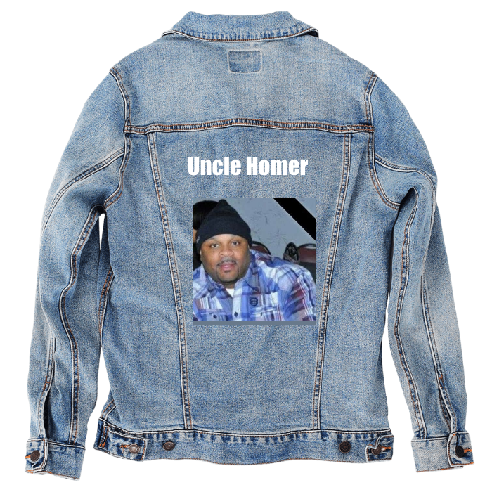 Customer Designed Custom Denim Jacket (hand-crafted) with 3 color choices of jacket: Stonewash, White, or Black. Unisex XS S M L XL 2X 3X. USA hand-crafted and USA digitally printed. Ships free within the USA & also ships Internationally.