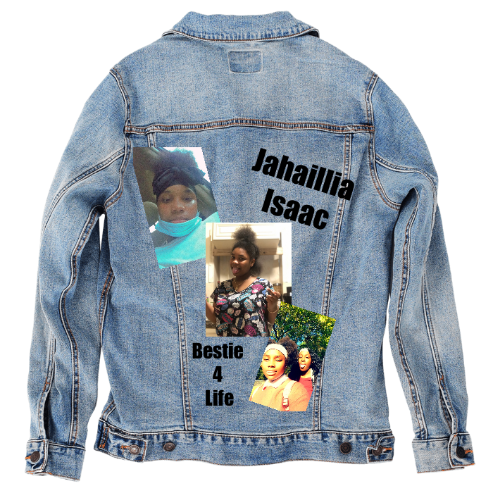 Customer Designed Custom Denim Jacket (hand-crafted) with 3 color choices of jacket: Stonewash, White, or Black. Unisex XS S M L XL 2X 3X. USA hand-crafted and USA digitally printed. Ships free within the USA & also ships Internationally.