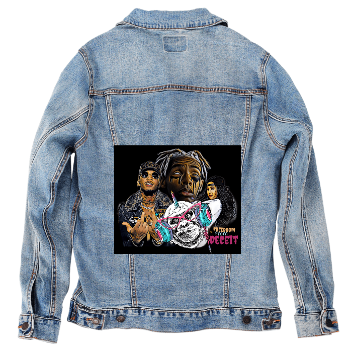 Customer Designed Custom Denim Jacket (hand-crafted) with 3 color choices of jacket: Stonewash, White, or Black. Unisex XS S M L XL 2X 3X. USA hand-crafted and USA digitally printed. Ships free within the USA & also ships Internationally.