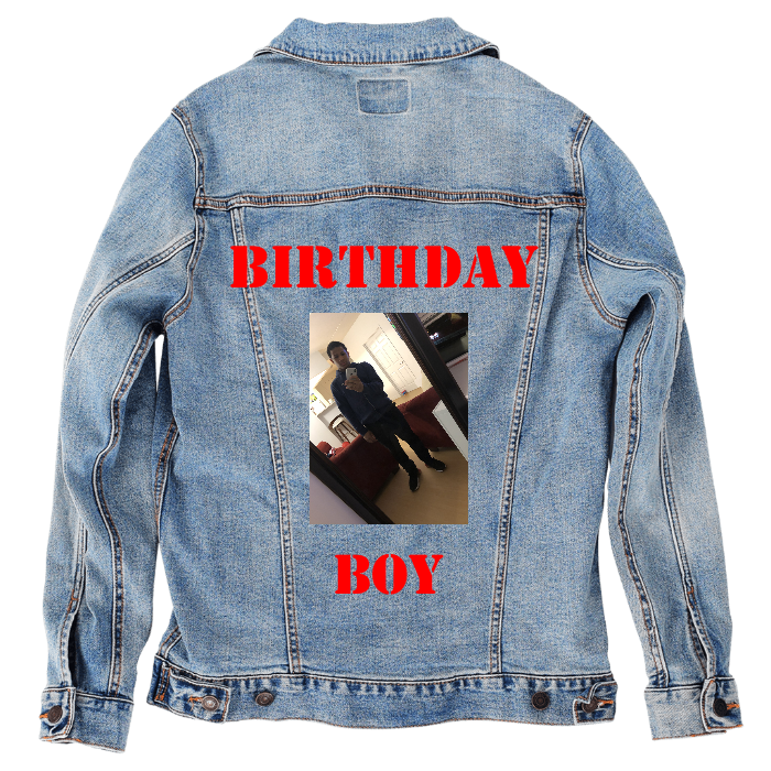 Customer Designed Custom Denim Jacket (hand-crafted) with 3 color choices of jacket: Stonewash, White, or Black. Unisex XS S M L XL 2X 3X. USA hand-crafted and USA digitally printed. Ships free within the USA & also ships Internationally.