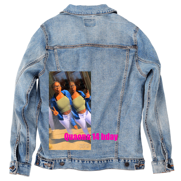 Customer Designed Custom Denim Jacket (hand-crafted) with 3 color choices of jacket: Stonewash, White, or Black. Unisex XS S M L XL 2X 3X. USA hand-crafted and USA digitally printed. Ships free within the USA & also ships Internationally.