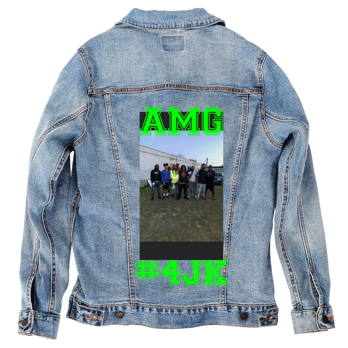 Customer Designed Custom Denim Jacket (hand-crafted) with 3 color choices of jacket: Stonewash, White, or Black. Unisex XS S M L XL 2X 3X. USA hand-crafted and USA digitally printed. Ships free within the USA & also ships Internationally.